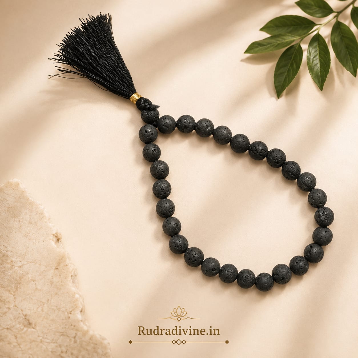 Lava Stone Mala 27+1 Beads 8MM crafted from natural lava stone with official Lab Certificate by Rudradivine for grounding, meditation and spiritual wellness.