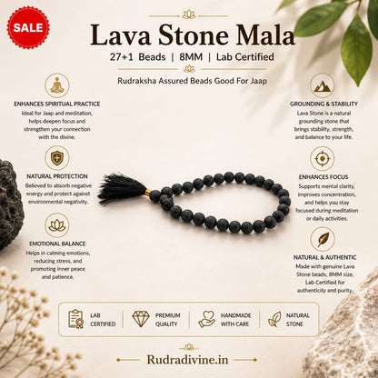 Lava Stone Mala 27+1 Beads 8MM crafted from natural lava stone with official Lab Certificate by Rudradivine for grounding, meditation and spiritual wellness.