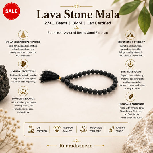Lava Stone Mala 27+1 Beads 8MM crafted from natural lava stone with official Lab Certificate by Rudradivine for grounding, meditation and spiritual wellness.