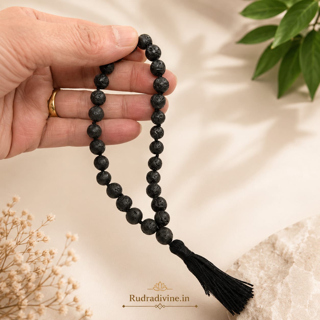 Lava Stone Mala 27+1 Beads 8MM crafted from natural lava stone with official Lab Certificate by Rudradivine for grounding, meditation and spiritual wellness.