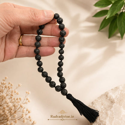Lava Stone Mala 27+1 Beads 8MM crafted from natural lava stone with official Lab Certificate by Rudradivine for grounding, meditation and spiritual wellness.