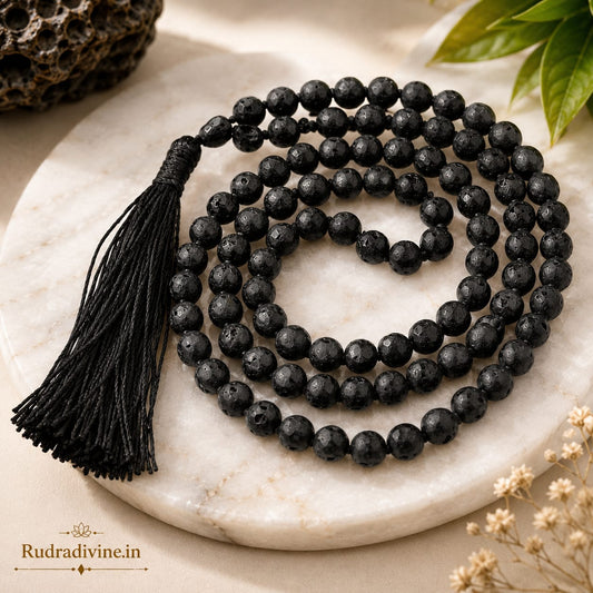 Lava Stone Mala 54+1 Beads crafted with natural 8MM volcanic lava stones and official Lab Certificate by Rudradivine for meditation, grounding and spiritual wellness.