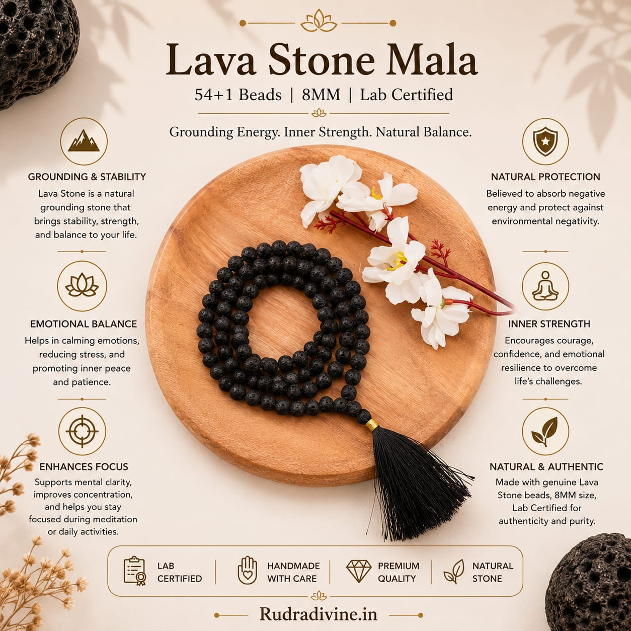 Lava Stone Mala 54+1 Beads crafted with natural 8MM volcanic lava stones and official Lab Certificate by Rudradivine for meditation, grounding and spiritual wellness.