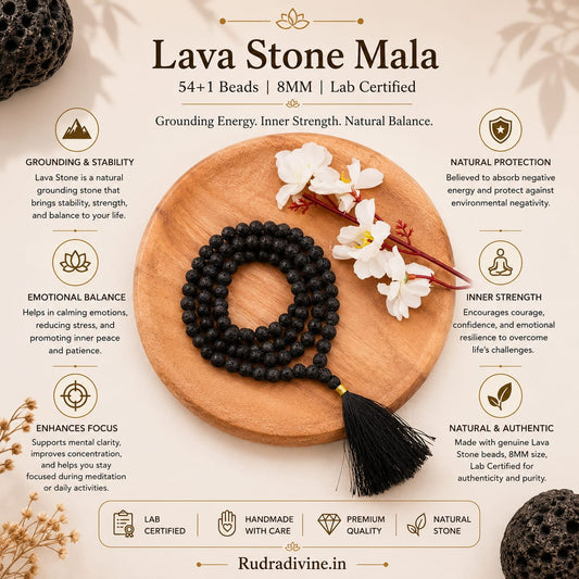 Lava Stone Mala 54+1 Beads crafted with natural 8MM volcanic lava stones and official Lab Certificate by Rudradivine for meditation, grounding and spiritual wellness.