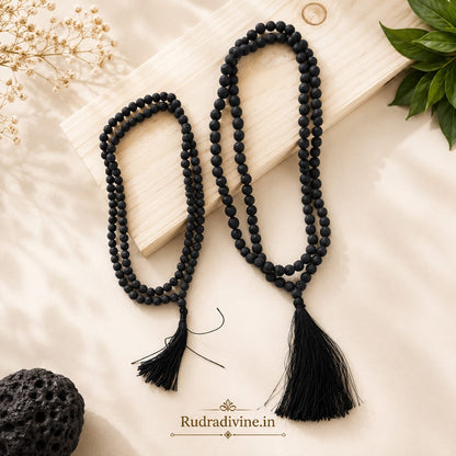 Lava Stone Mala 54+1 Beads crafted with natural 8MM volcanic lava stones and official Lab Certificate by Rudradivine for meditation, grounding and spiritual wellness.