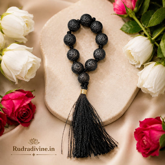 Lava Stone Mala 9+1 Beads 8MM crafted from natural lava stone with official Lab Certificate by Rudradivine for grounding, meditation and spiritual wellness.