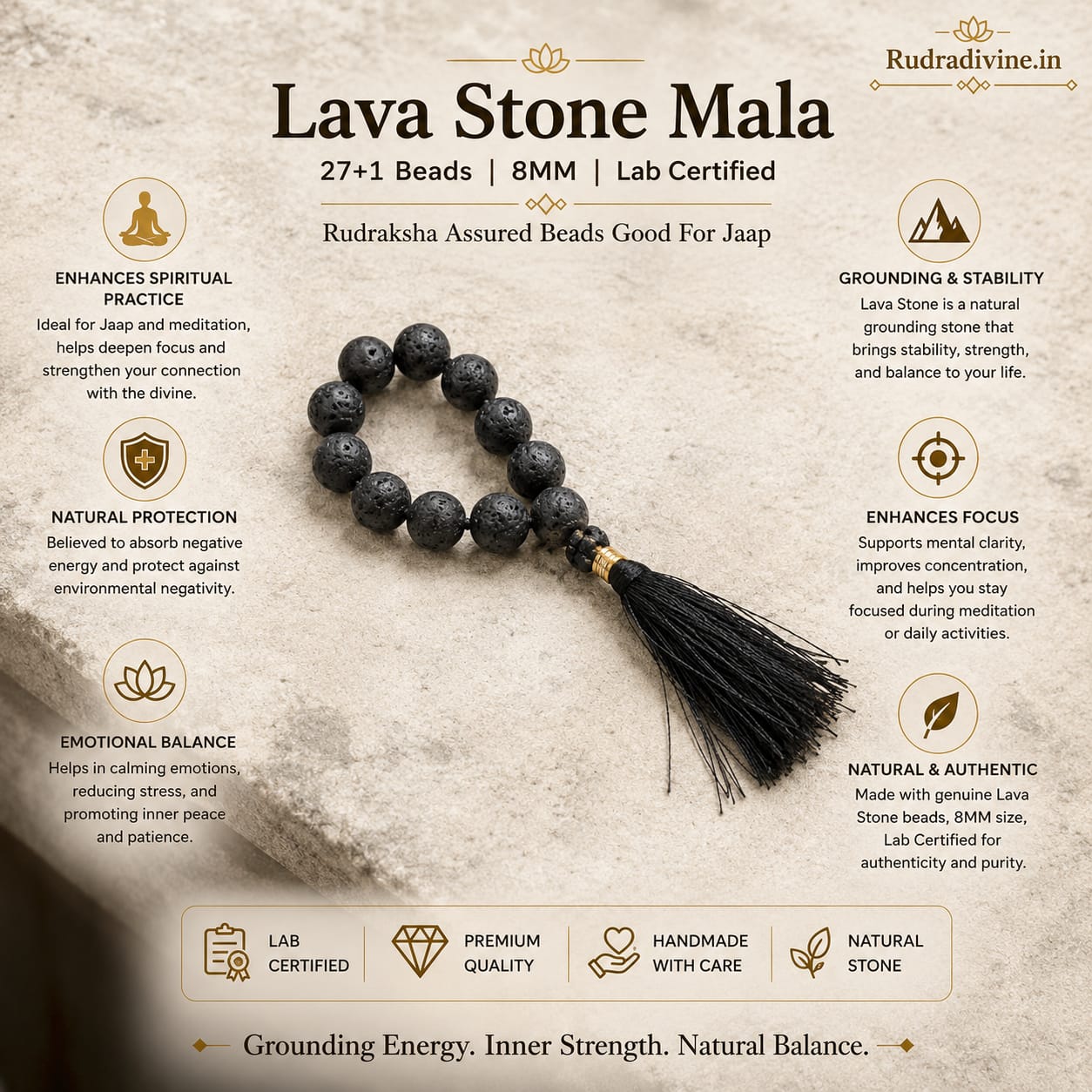 Lava Stone Mala 9+1 Beads 8MM crafted from natural lava stone with official Lab Certificate by Rudradivine for grounding, meditation and spiritual wellness.