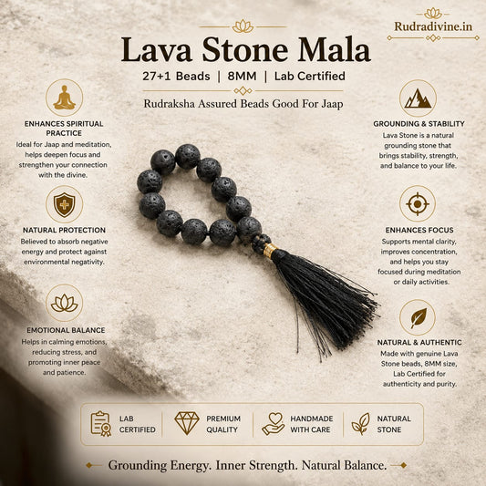 Lava Stone Mala 9+1 Beads 8MM crafted from natural lava stone with official Lab Certificate by Rudradivine for grounding, meditation and spiritual wellness.