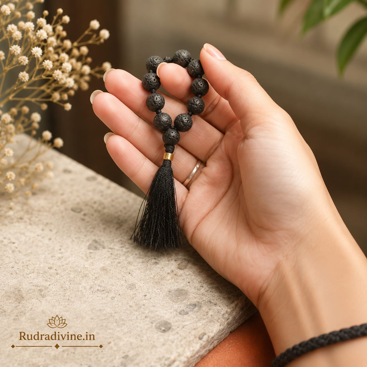 Lava Stone Mala 9+1 Beads 8MM crafted from natural lava stone with official Lab Certificate by Rudradivine for grounding, meditation and spiritual wellness.