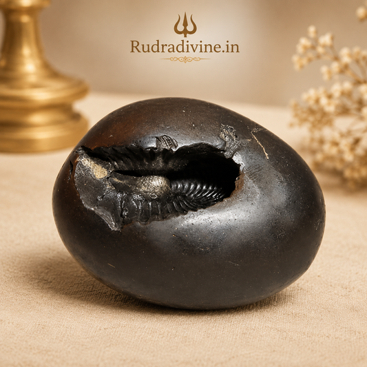 Natural Laxmi Narayan Shaligram sacred stone with official Lab Certificate by Rudradivine for Lord Vishnu and Goddess Lakshmi worship, prosperity and spiritual blessings.