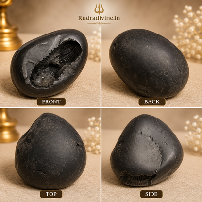 Natural Laxmi Narayan Shaligram sacred stone with official Lab Certificate by Rudradivine for Lord Vishnu and Goddess Lakshmi worship, prosperity and spiritual blessings.