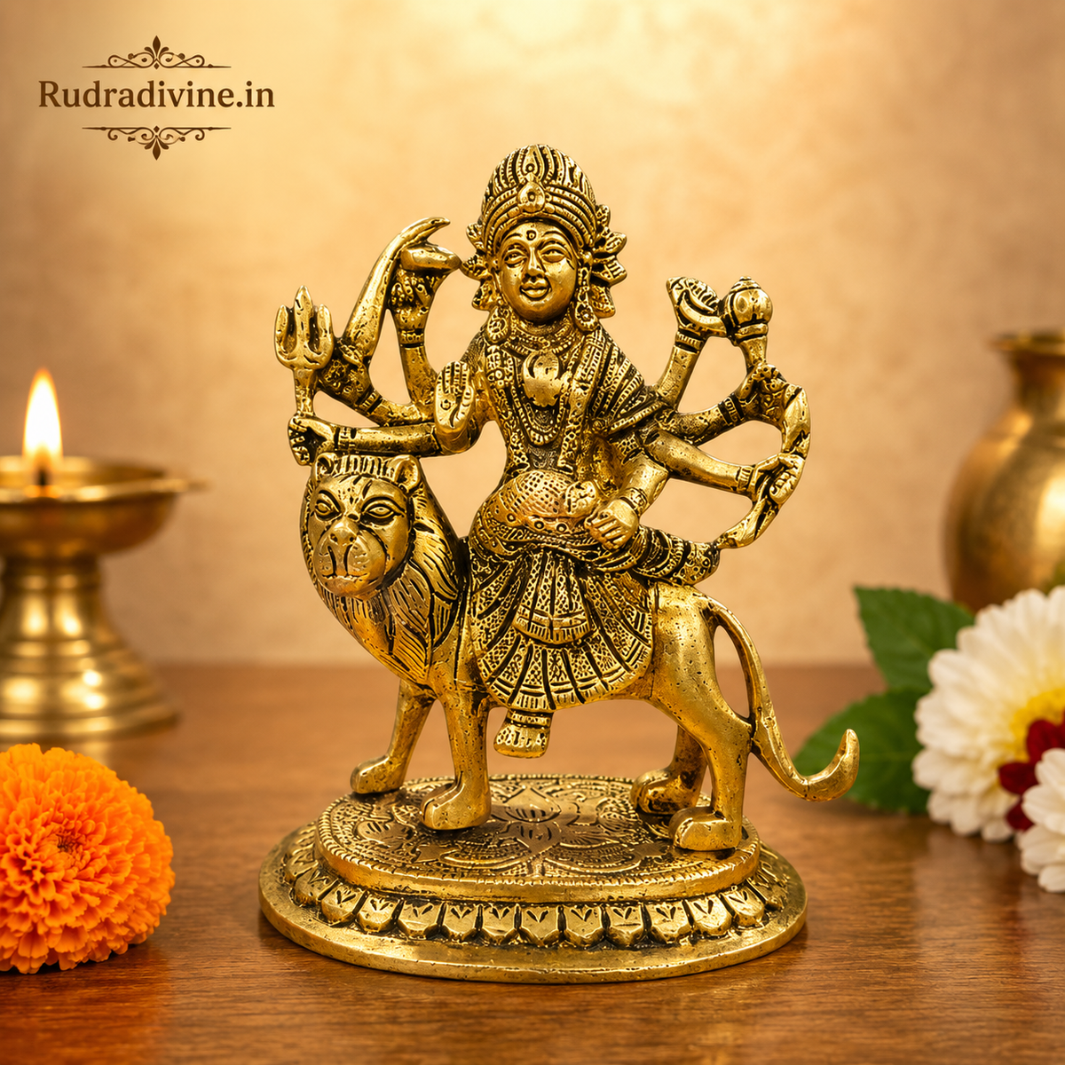 Maa Durga Brass Idol crafted from premium brass with official Lab Certificate by Rudradivine for home puja, divine protection, prosperity and spiritual blessings.