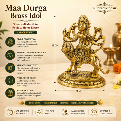 Maa Durga Brass Idol crafted from premium brass with official Lab Certificate by Rudradivine for home puja, divine protection, prosperity and spiritual blessings.