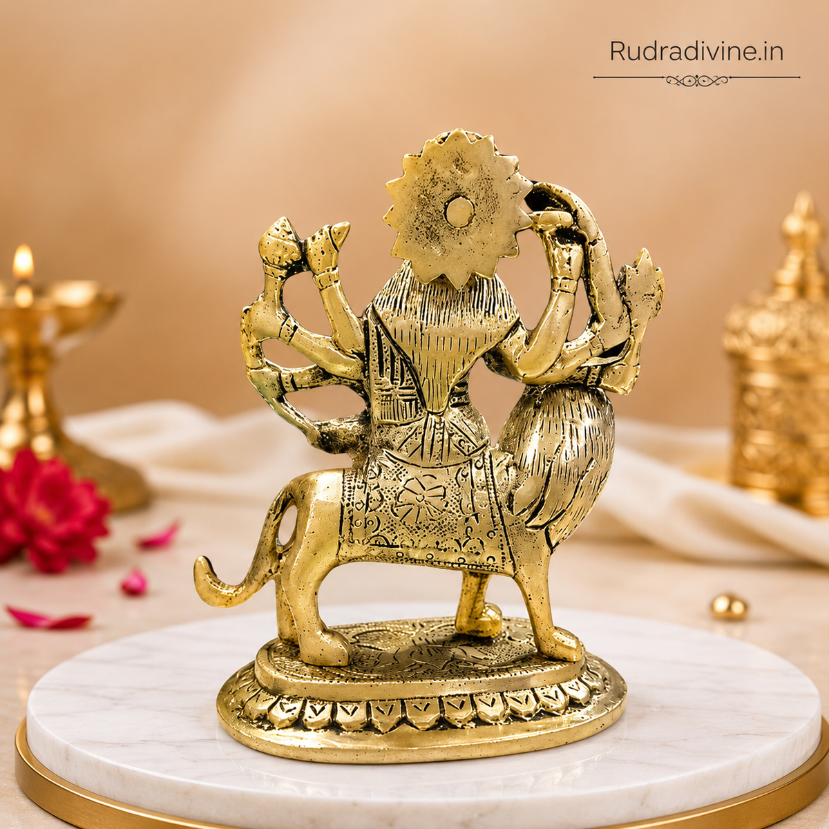 Maa Durga Brass Idol crafted from premium brass with official Lab Certificate by Rudradivine for home puja, divine protection, prosperity and spiritual blessings.
