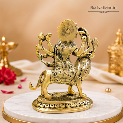 Maa Durga Brass Idol crafted from premium brass with official Lab Certificate by Rudradivine for home puja, divine protection, prosperity and spiritual blessings.