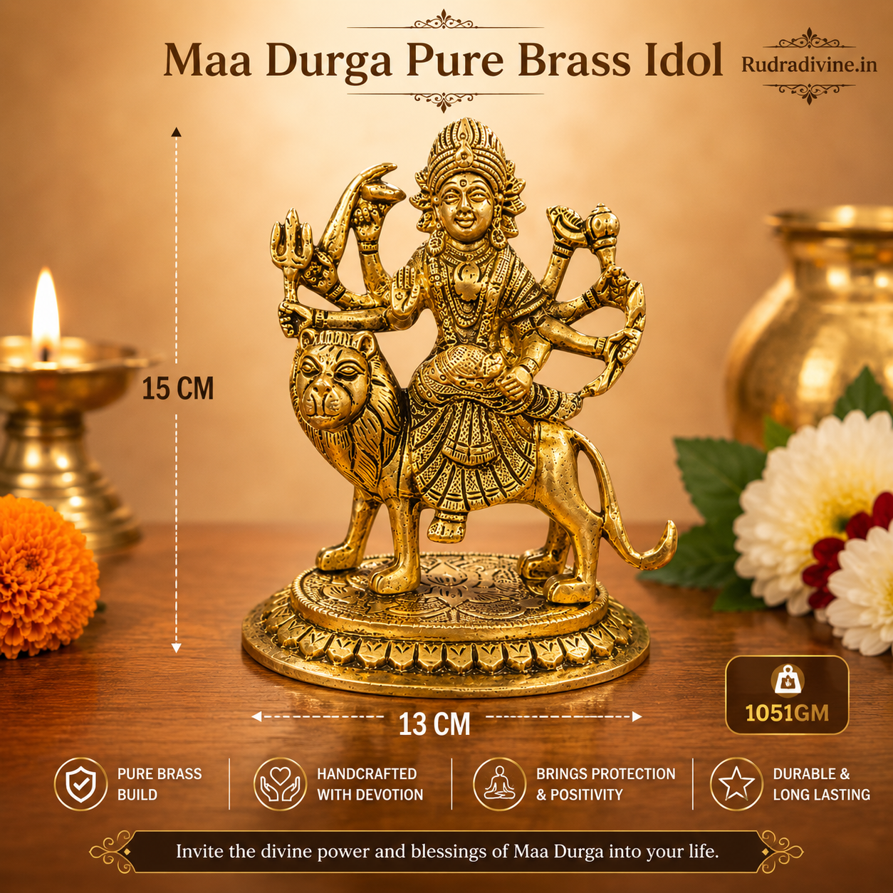 Maa Durga Brass Idol crafted from premium brass with official Lab Certificate by Rudradivine for home puja, divine protection, prosperity and spiritual blessings.
