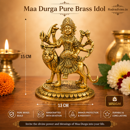 Maa Durga Brass Idol crafted from premium brass with official Lab Certificate by Rudradivine for home puja, divine protection, prosperity and spiritual blessings.