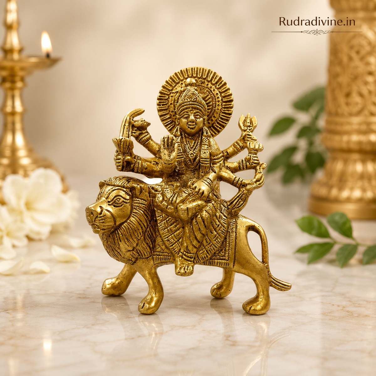 Maa Durga Brass Idol handcrafted in pure brass with Sherawali Mata and Vaishno Devi design, Lab Certified by Rudradivine for pooja, home temple and divine blessings.