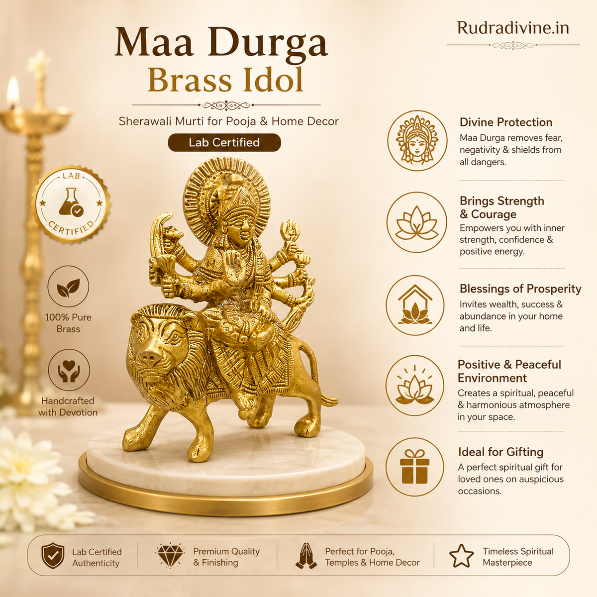 Maa Durga Brass Idol handcrafted in pure brass with Sherawali Mata and Vaishno Devi design, Lab Certified by Rudradivine for pooja, home temple and divine blessings.