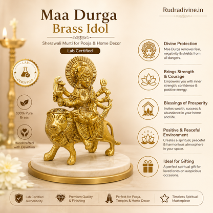 Maa Durga Brass Idol handcrafted in pure brass with Sherawali Mata and Vaishno Devi design, Lab Certified by Rudradivine for pooja, home temple and divine blessings.