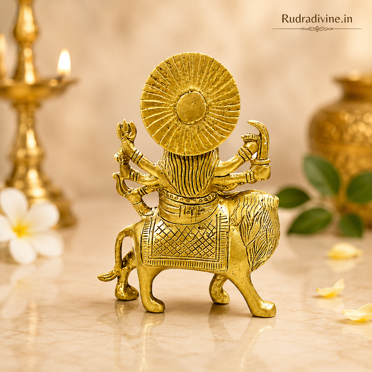 Maa Durga Brass Idol handcrafted in pure brass with Sherawali Mata and Vaishno Devi design, Lab Certified by Rudradivine for pooja, home temple and divine blessings.
