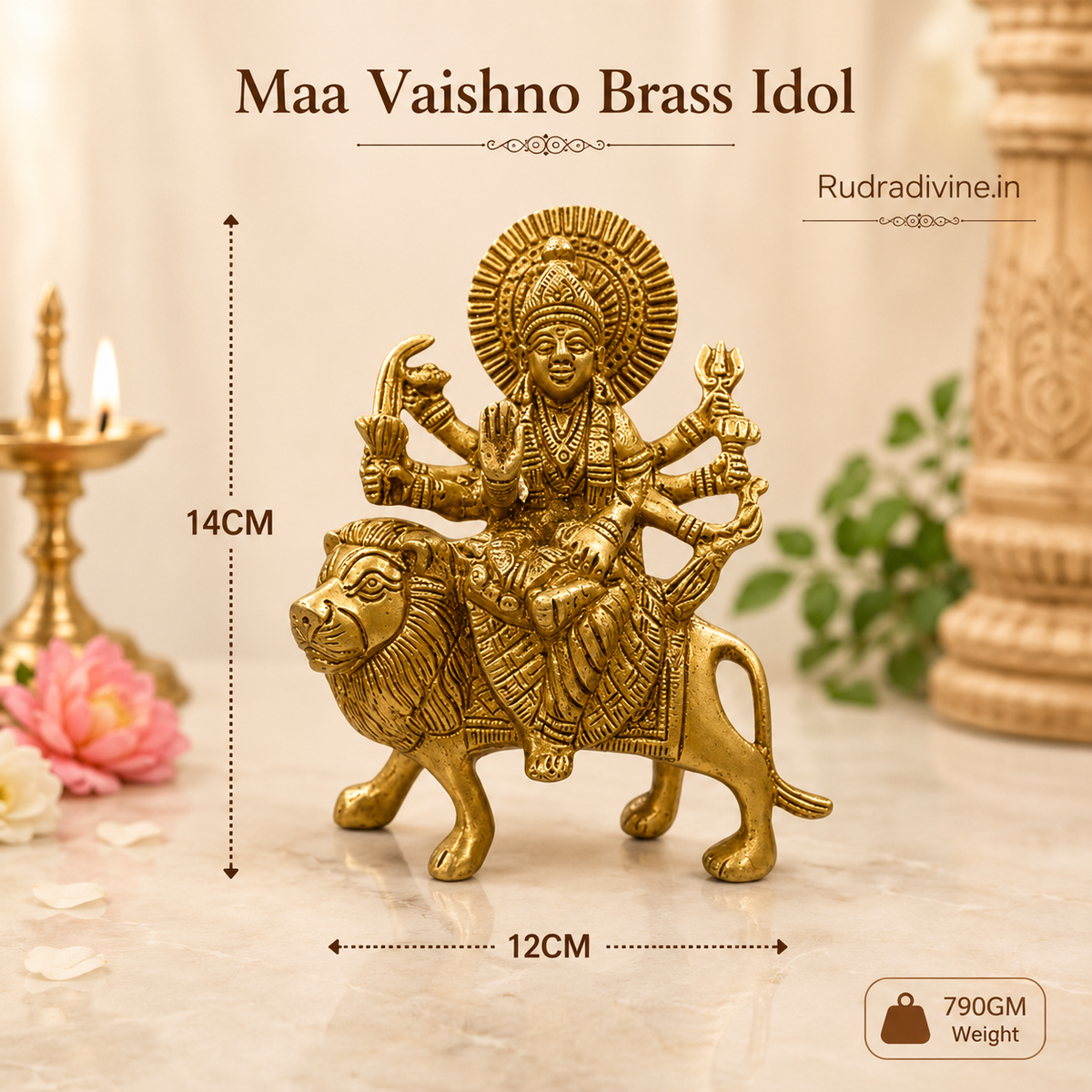 Maa Durga Brass Idol handcrafted in pure brass with Sherawali Mata and Vaishno Devi design, Lab Certified by Rudradivine for pooja, home temple and divine blessings.