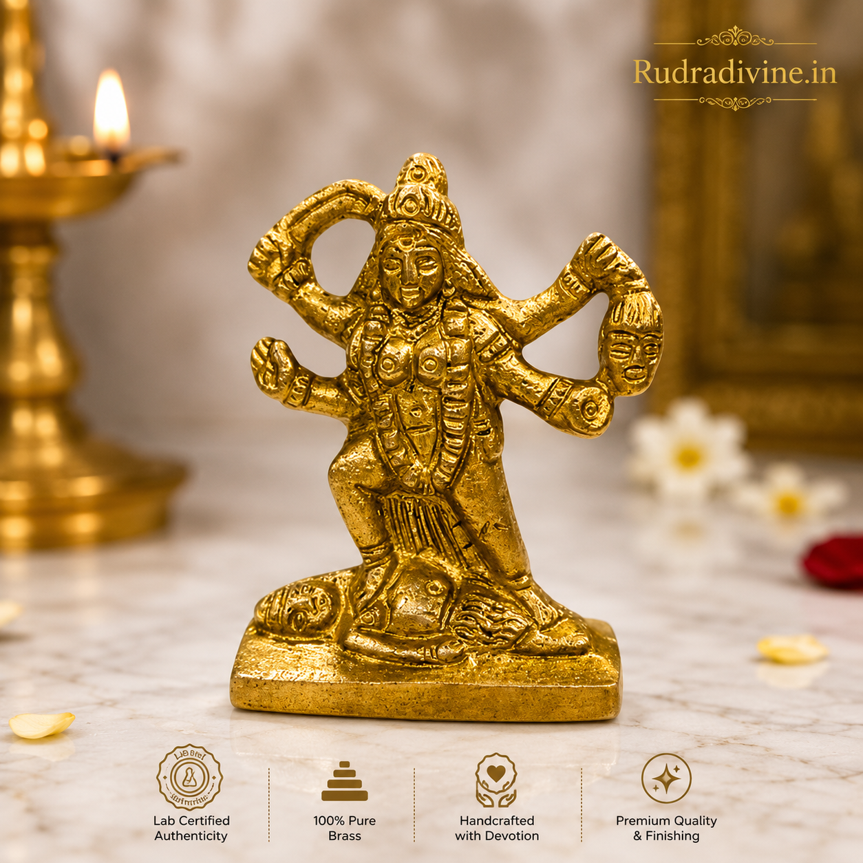 Maa Kali Brass Idol crafted in premium brass with official Lab Certificate by Rudradivine for temple pooja, divine protection, strength and spiritual blessings.