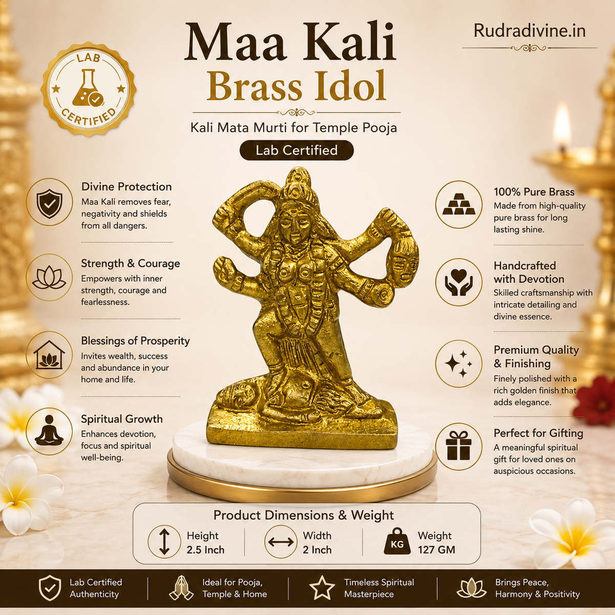 Maa Kali Brass Idol crafted in premium brass with official Lab Certificate by Rudradivine for temple pooja, divine protection, strength and spiritual blessings.