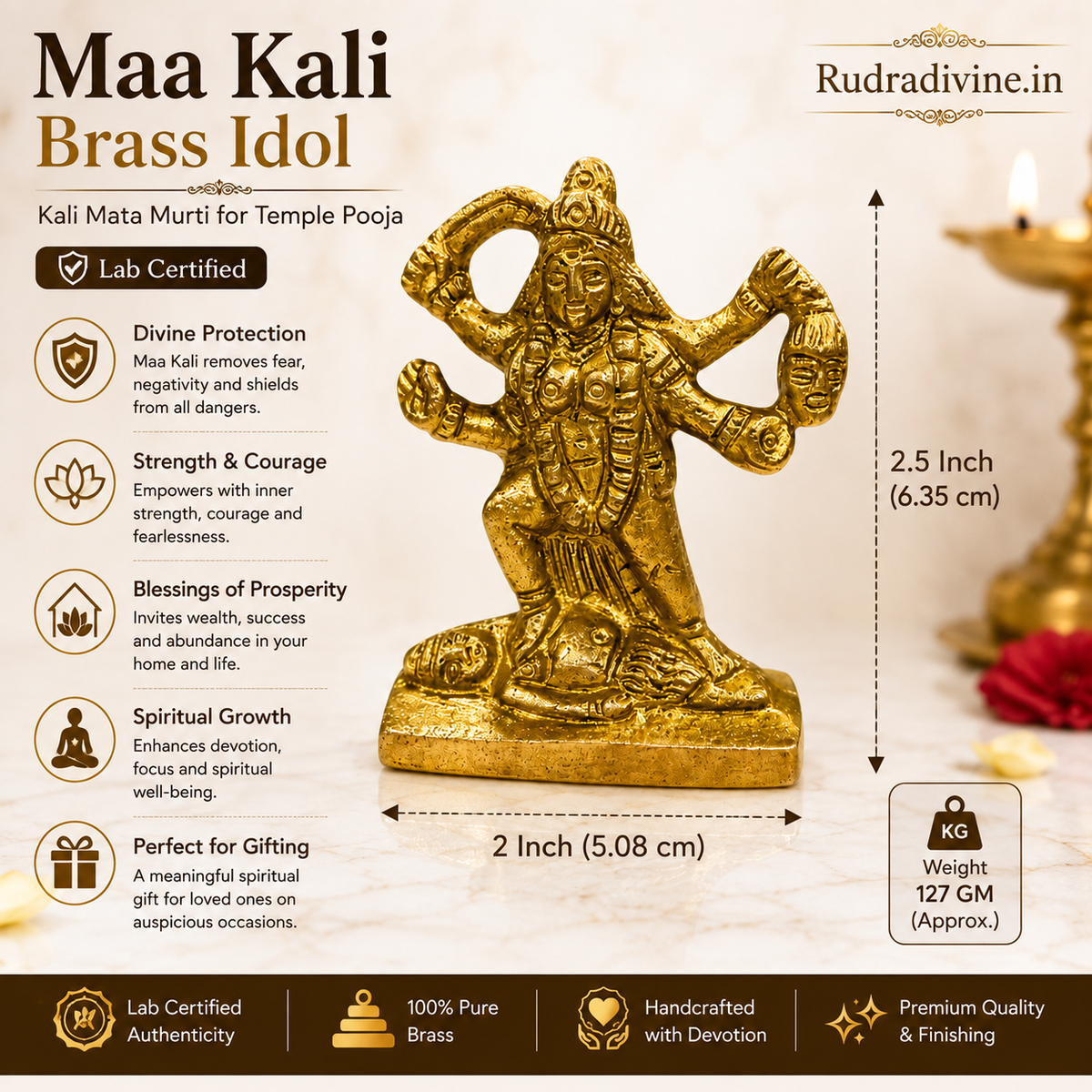 Maa Kali Brass Idol crafted in premium brass with official Lab Certificate by Rudradivine for temple pooja, divine protection, strength and spiritual blessings.