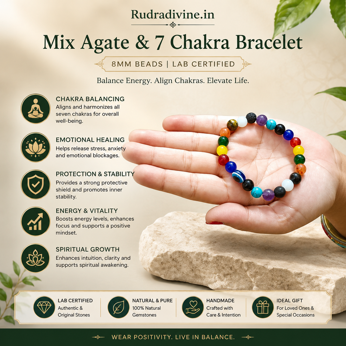 Mix Agate & 7 Chakra Bracelet with natural 8MM beads and official Lab Certificate by Rudradivine, traditionally associated with grounding, balance, positivity and spiritual harmony.