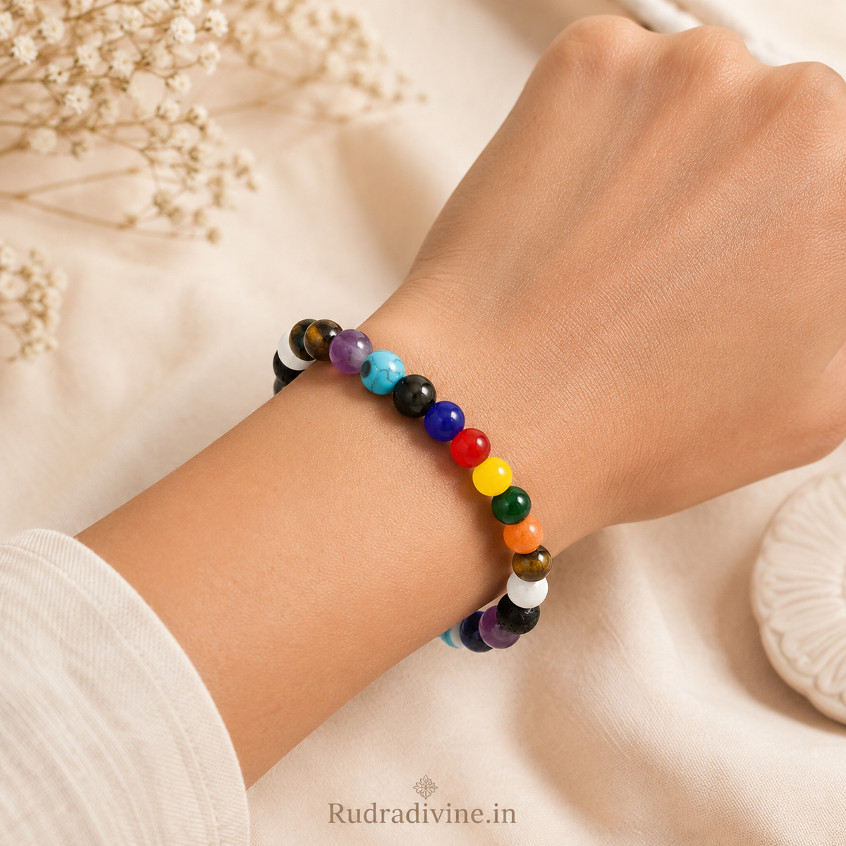 Mix Agate & 7 Chakra Bracelet with natural 8MM beads and official Lab Certificate by Rudradivine, traditionally associated with grounding, balance, positivity and spiritual harmony.
