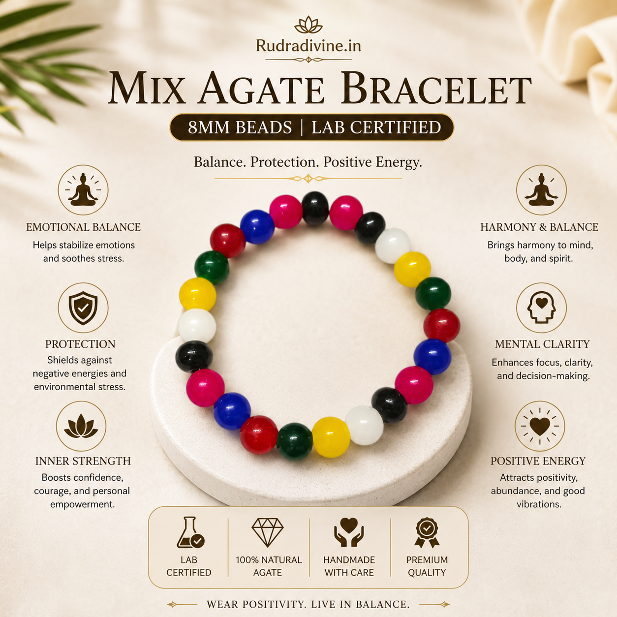 Mix Agate Bracelet 8MM crafted with natural multi agate gemstones and official Lab Certificate by Rudradivine for emotional balance, positivity and spiritual wellness.