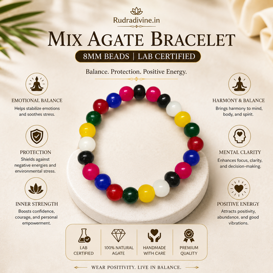 Mix Agate Bracelet 8MM crafted with natural multi agate gemstones and official Lab Certificate by Rudradivine for emotional balance, positivity and spiritual wellness.