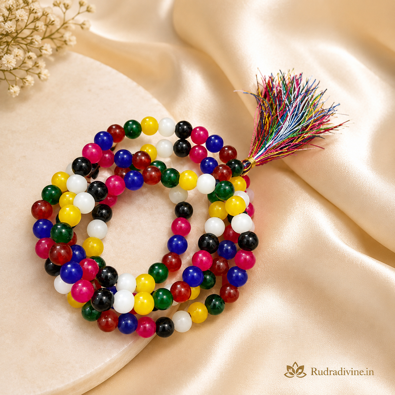 Mix Agate Mala 108+1 Beads 8MM crafted with natural multicolor Agate gemstones and official Lab Certificate by Rudradivine for meditation, balance, healing and spiritual wellness.