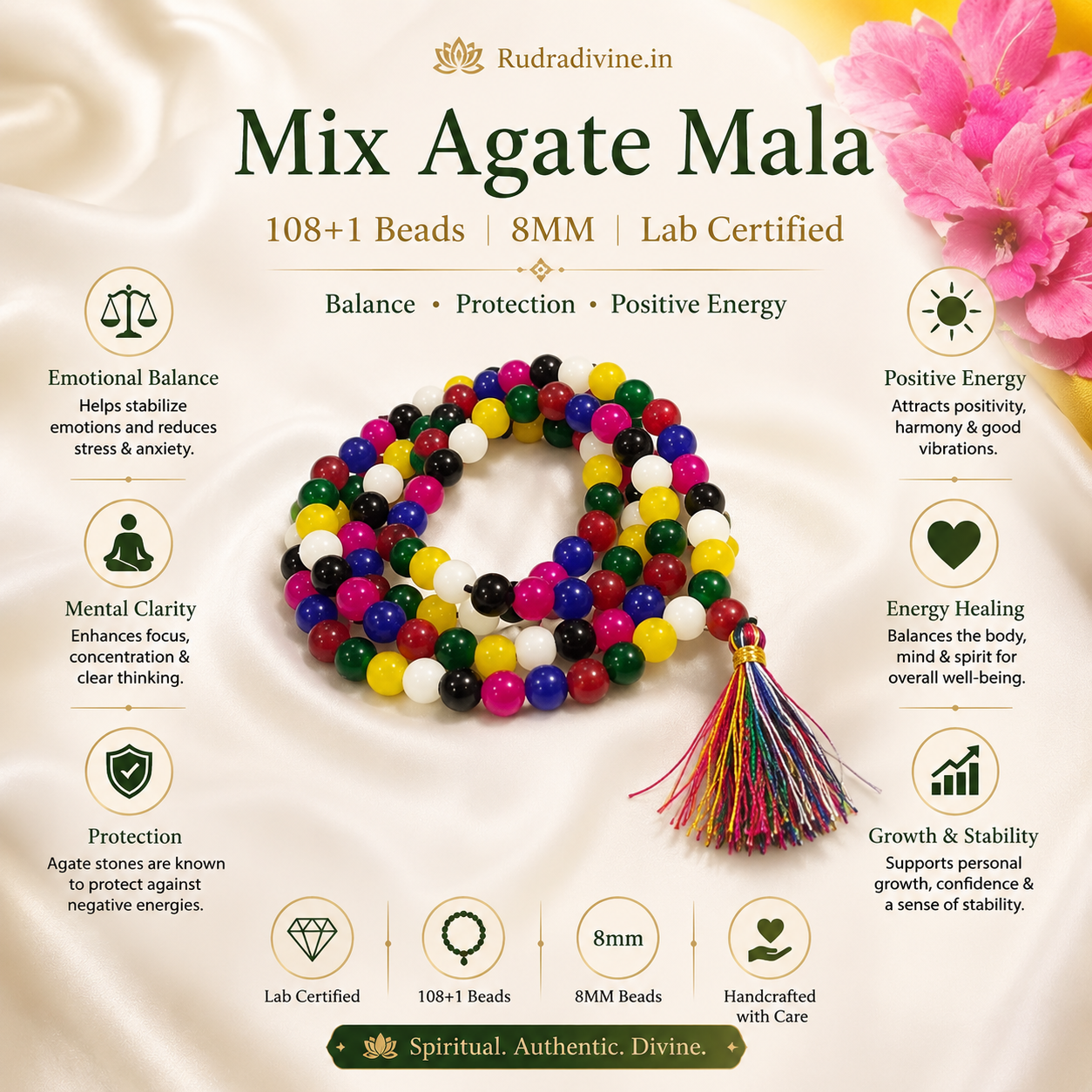 Mix Agate Mala 108+1 Beads 8MM crafted with natural multicolor Agate gemstones and official Lab Certificate by Rudradivine for meditation, balance, healing and spiritual wellness.