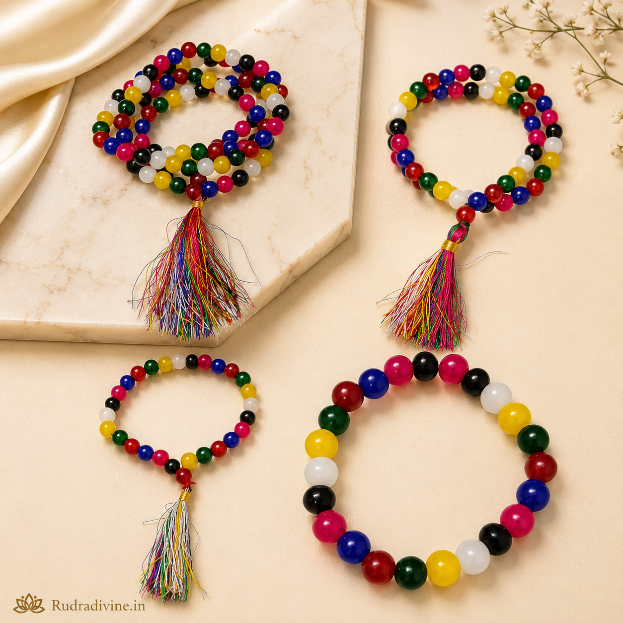 Mix Agate Mala 108+1 Beads 8MM crafted with natural multicolor Agate gemstones and official Lab Certificate by Rudradivine for meditation, balance, healing and spiritual wellness.