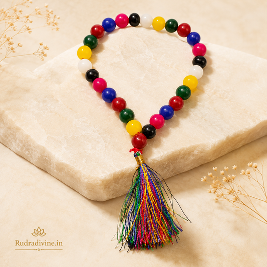 Mix Agate Mala 27+1 Beads 8MM crafted with natural Mix Agate gemstones and official Lab Certificate by Rudradivine for protection, emotional balance, meditation, and spiritual wellness.