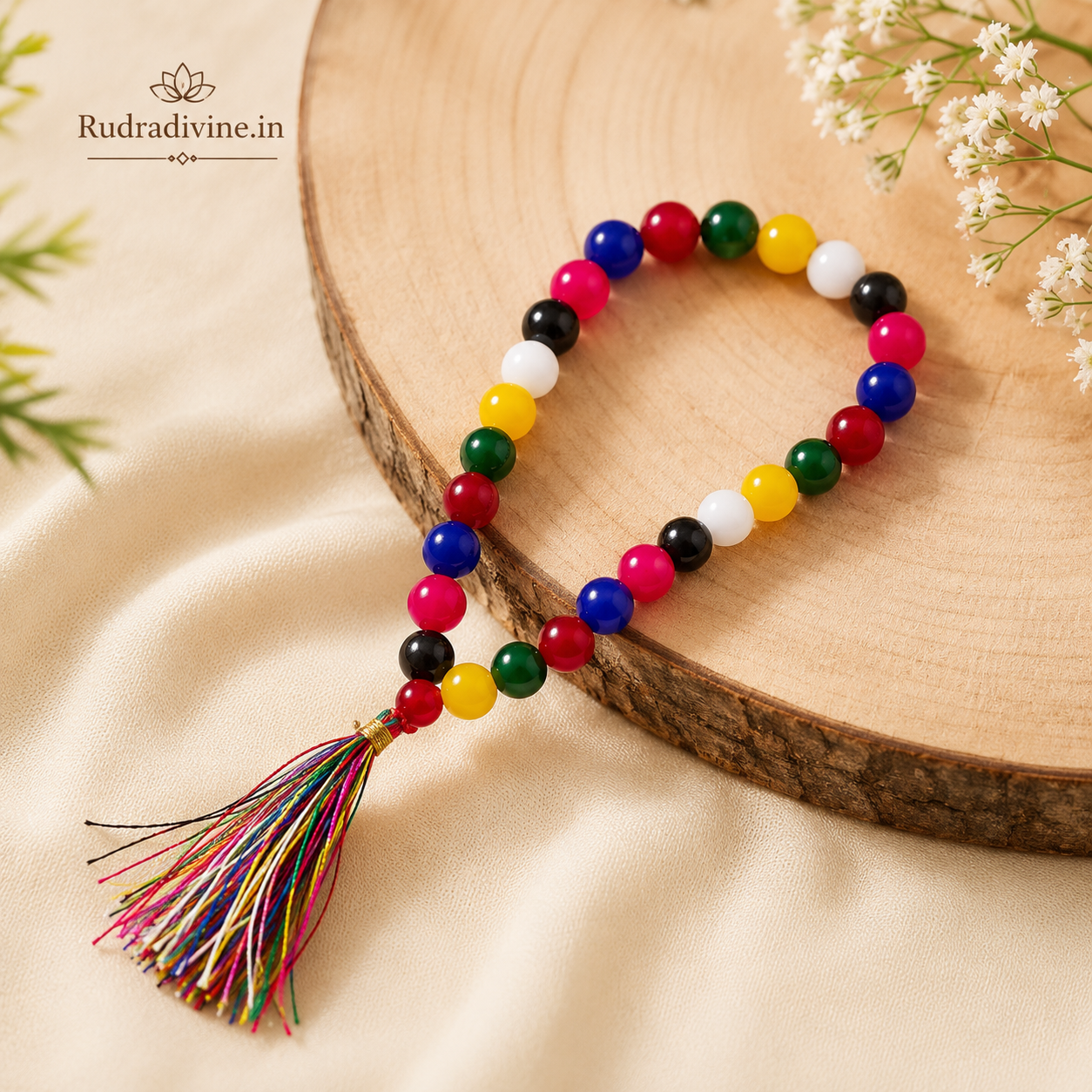 Mix Agate Mala 27+1 Beads 8MM crafted with natural Mix Agate gemstones and official Lab Certificate by Rudradivine for protection, emotional balance, meditation, and spiritual wellness.