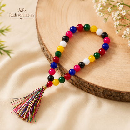 Mix Agate Mala 27+1 Beads 8MM crafted with natural Mix Agate gemstones and official Lab Certificate by Rudradivine for protection, emotional balance, meditation, and spiritual wellness.