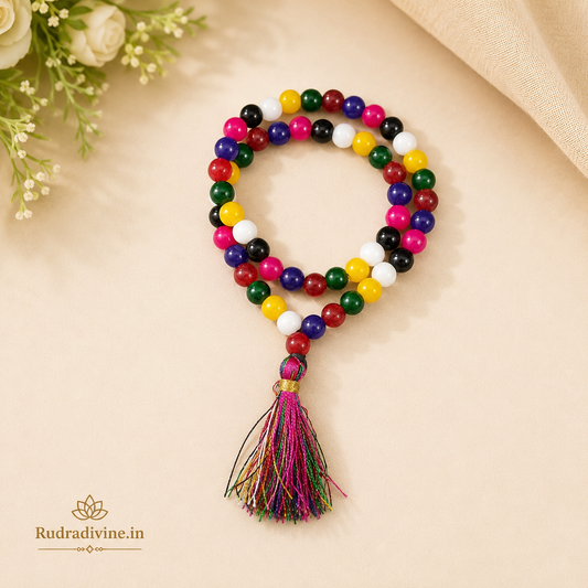 Mix Agate Mala 54+1 Beads 8MM crafted with natural Mix Agate gemstones and official Lab Certificate by Rudradivine for protection, emotional balance, meditation, positive energy, and spiritual wellness.