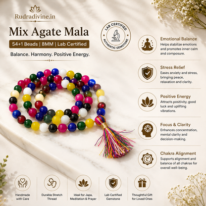 Mix Agate Mala 54+1 Beads 8MM crafted with natural Mix Agate gemstones and official Lab Certificate by Rudradivine for protection, emotional balance, meditation, positive energy, and spiritual wellness.