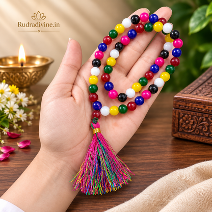 Mix Agate Mala 54+1 Beads 8MM crafted with natural Mix Agate gemstones and official Lab Certificate by Rudradivine for protection, emotional balance, meditation, positive energy, and spiritual wellness.