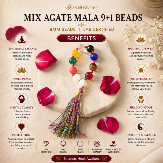 Mix Agate Mala 9+1 Beads 8MM crafted with natural Mix Agate gemstones and official Lab Certificate by Rudradivine for protection, emotional balance, meditation, and spiritual wellness.