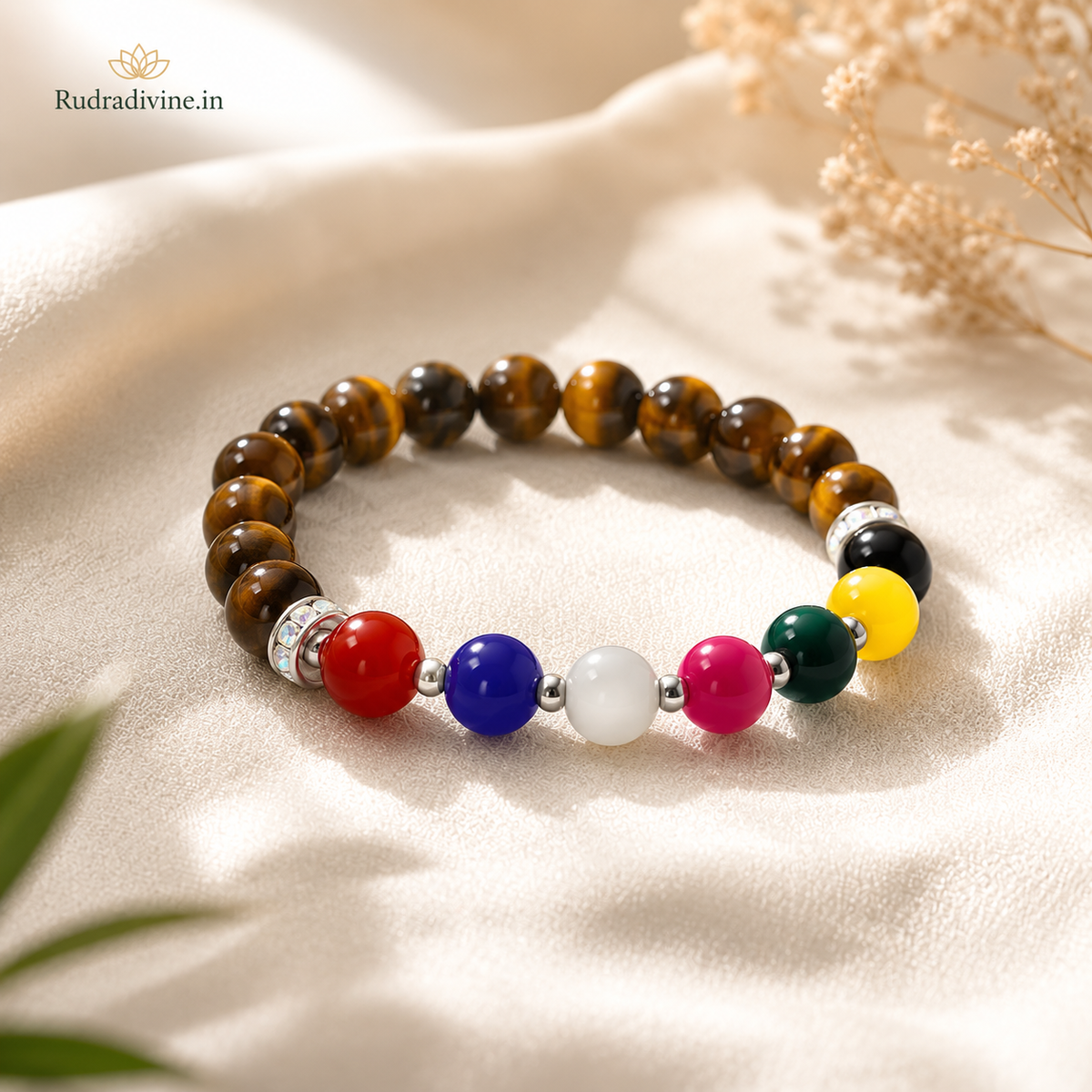 Mix Agate with Tiger Eye’s Bracelet featuring 7 types of Agate and 8MM stretchable beads, Lab Certified by Rudradivine for grounding, confidence and spiritual wellness.