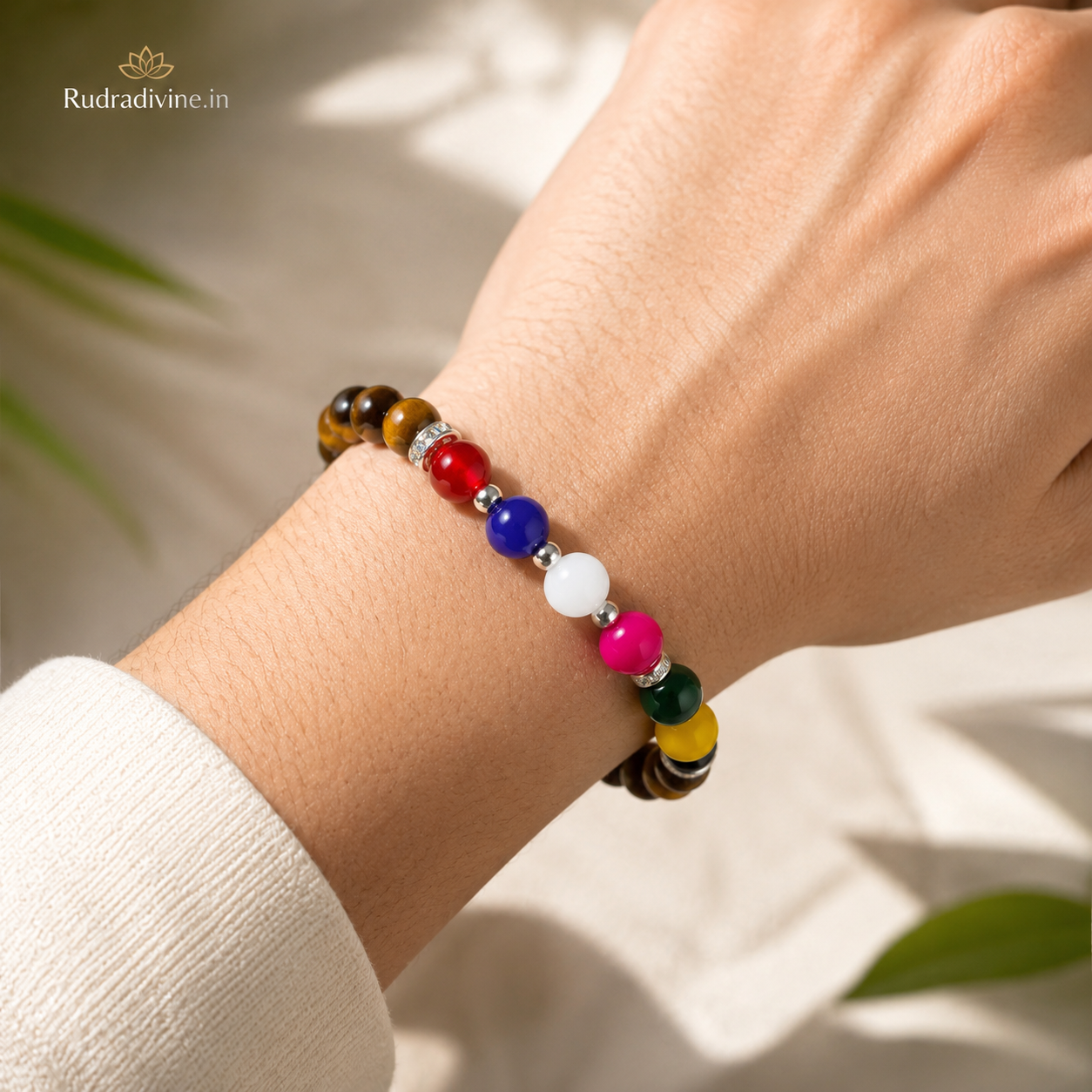 Mix Agate with Tiger Eye’s Bracelet featuring 7 types of Agate and 8MM stretchable beads, Lab Certified by Rudradivine for grounding, confidence and spiritual wellness.
