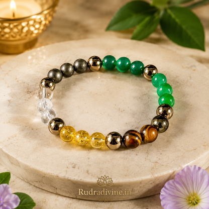 Money Magnet Bracelet with 8MM stretchable beads, lab certified by Rudradivine, designed for abundance, positive intentions, spiritual practices and stylish daily wear.