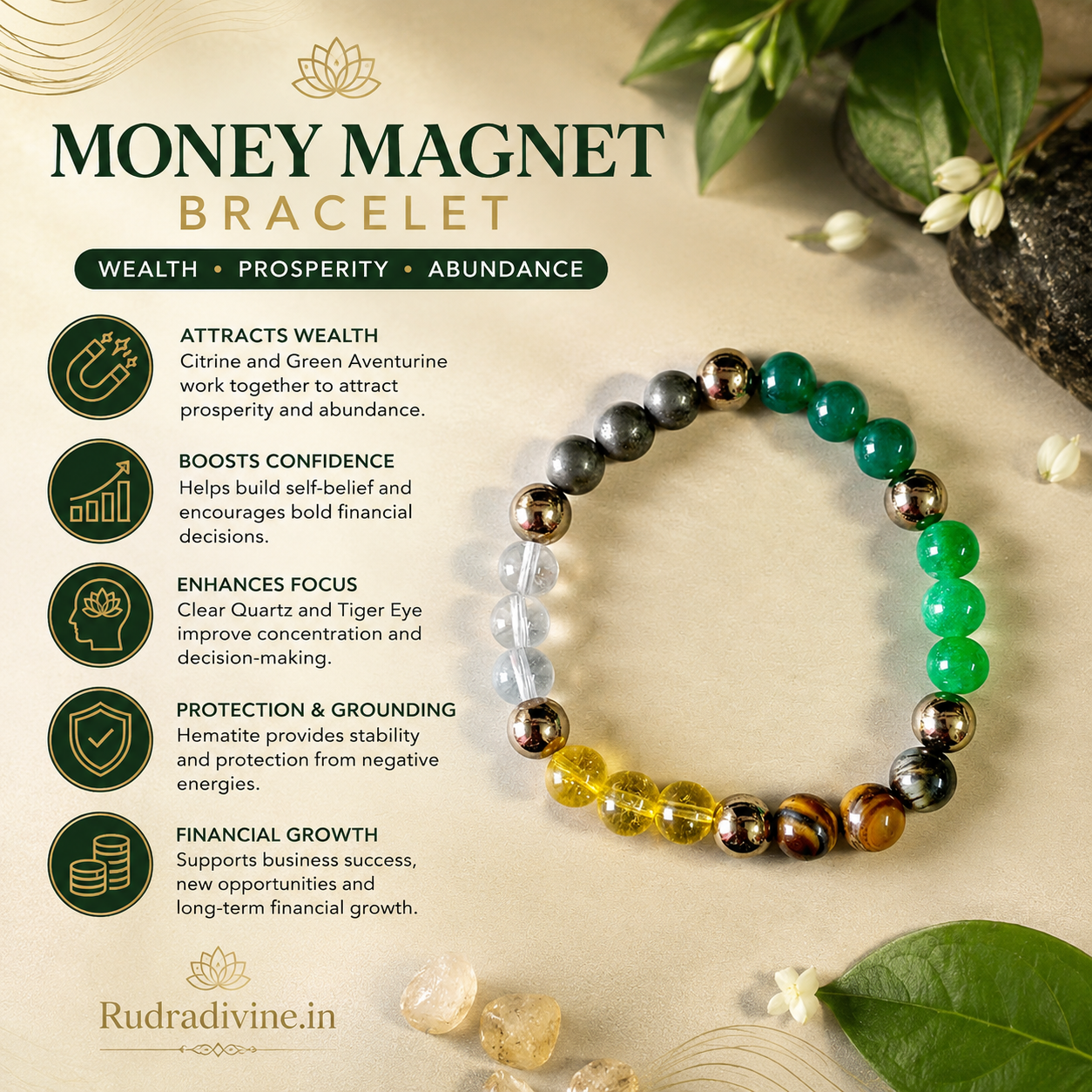Money Magnet Bracelet with 8MM stretchable beads, lab certified by Rudradivine, designed for abundance, positive intentions, spiritual practices and stylish daily wear.