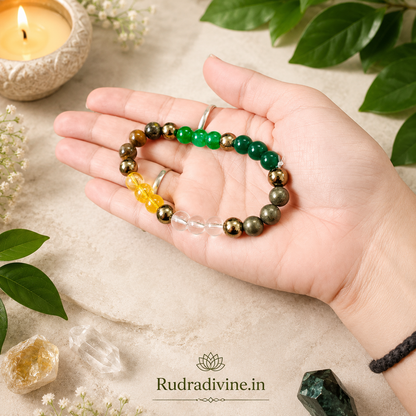 Money Magnet Bracelet with 8MM stretchable beads, lab certified by Rudradivine, designed for abundance, positive intentions, spiritual practices and stylish daily wear.