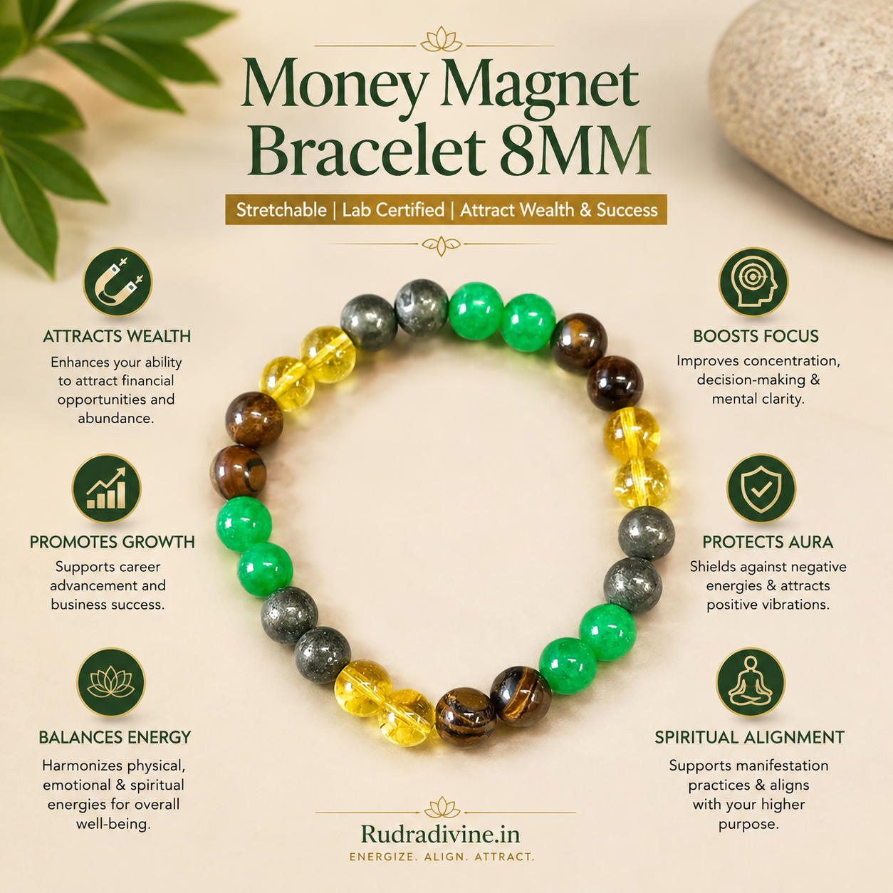 Money Magnet Bracelet 8MM with stretchable design and official Lab Certificate by Rudradivine, traditionally associated with wealth, success, prosperity and abundance.