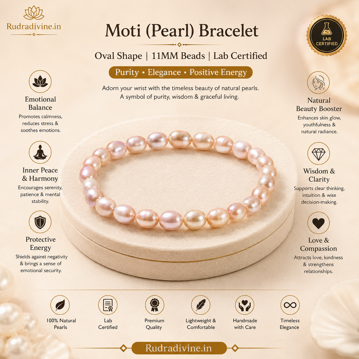 Moti (Pearl) Bracelet Oval Shape crafted with natural 11MM pearl beads and official Lab Certificate by Rudradivine for emotional balance, peace, positivity, and spiritual wellness.